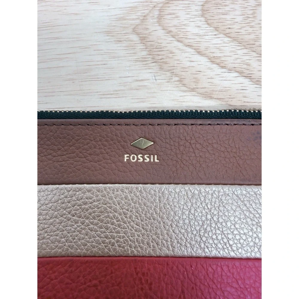 Fossil Leather Zip Pouch Clutch Colorblock Brown Pink Cosmetic Bag‎  #66